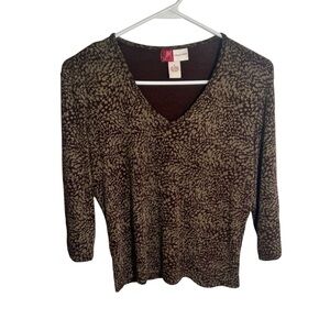 JM Collection V-Neck 3/4 Sleeve Blouse Black Tan Geometric S